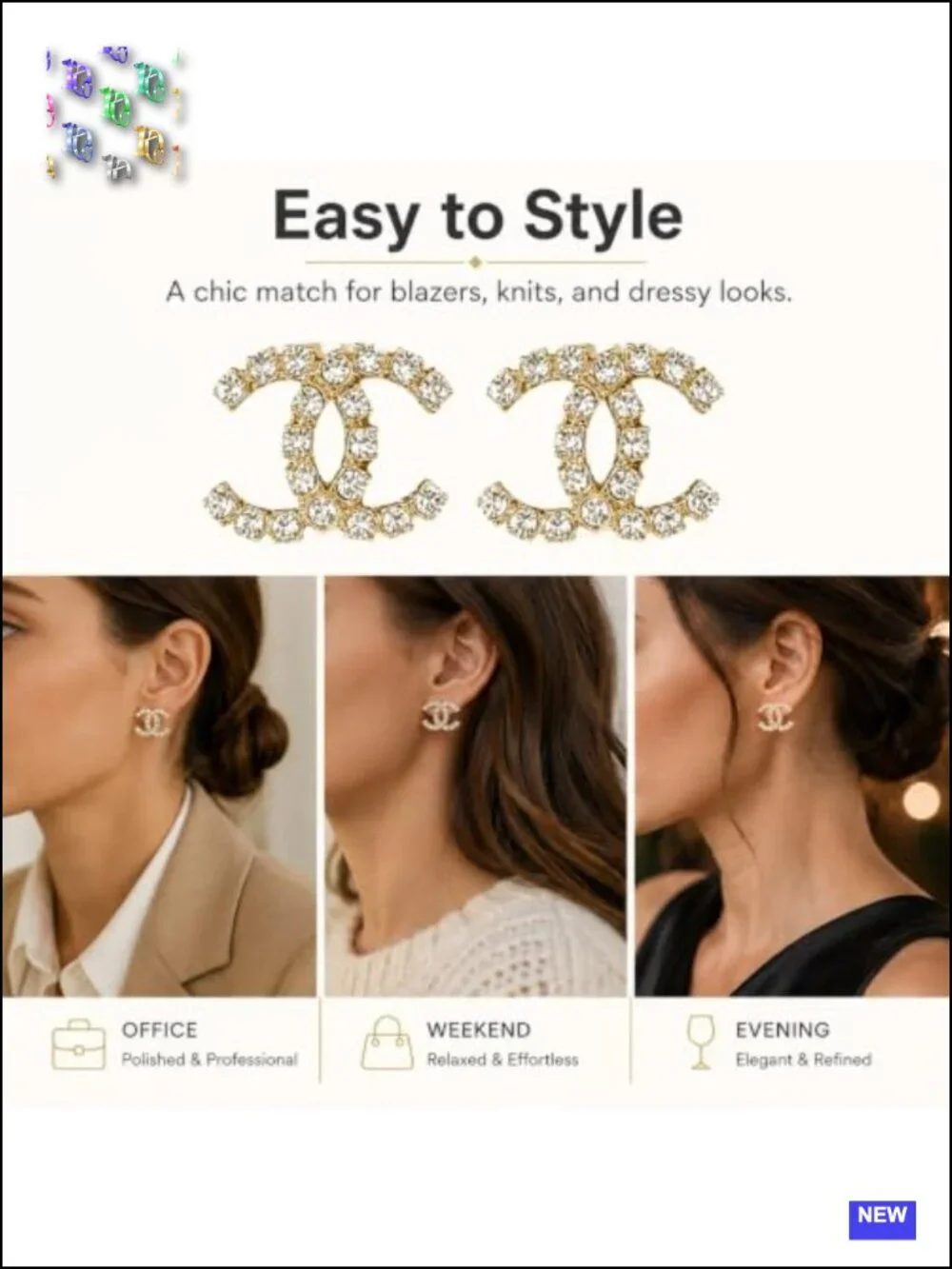 Gold Tone Rhinestone Curved Stud Earrings – Geometric Crystal Pierced Jewelry